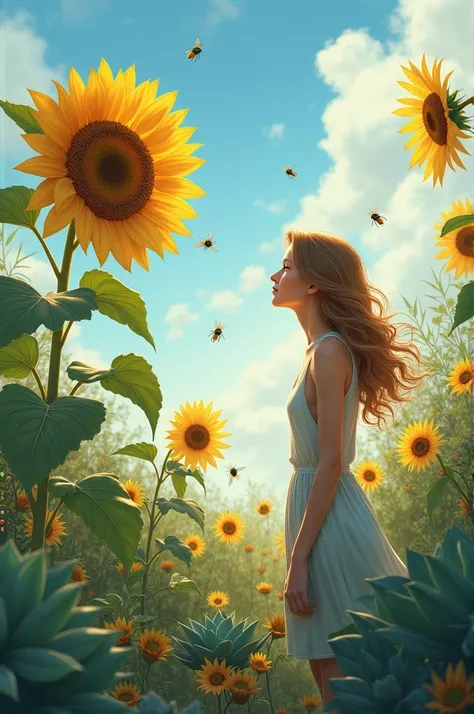 Long-haired woman in brown color
admiring succulent garden and sunflower with bees flying over 
Digital art 