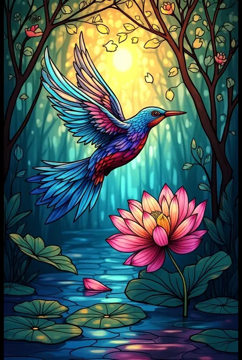  A simple  stained Glass painting  ideas of  colorful  flying bird and lotus flower  fauna in water  with Texture  of stained glass painting effect 