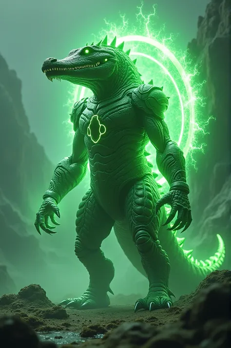 The fusion creates a crocodile with the ability to create green constructs. He possesses glowing green armor, refined teeth, and the ability to use the power of the ring to create any weapon needed."