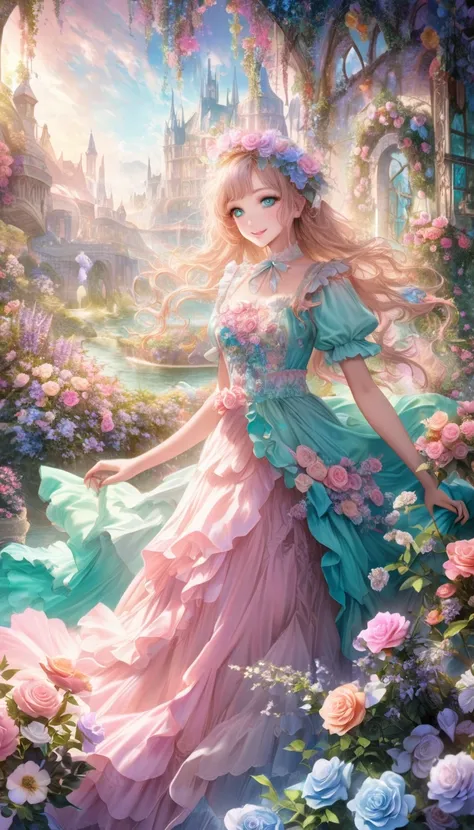 Whimsical Fantasy、Elegant rose flower、botany、Minimalism、Wave of flowers、Flowing Flower、A garden floating in a hazy pastel pink, Aqua Green, Pastel Apricot,  There is a good atmosphere、Very realistic flowers,  Octaine Rendering , Josephine Wall Art,  Alice ...