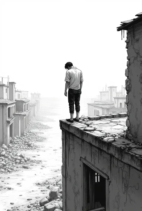 Mira creates a black and white manga image of a man from Tado on the edge of a building with the perspective of the mans back and that the perspective is from top to bottom so that the man has a depressed expression and that the landscape or his environmen...