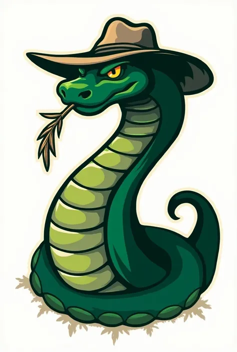 Create a powerful and imposing green snake as the central mascot for a university athletic logo. The snake should have a muscular, coiled body, exuding strength and dominance. It wears a rugged hat, similar to a cowboy or explorer hat, tilted slightly to t...