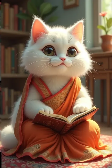 White cute cat image wearing a saree as a teacher,teach the student 