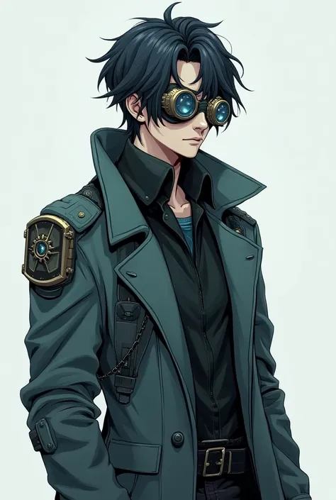 Illustrate a fullbody male character, a determined 21-year-old in a steampunk-space opera world. His long hair, inspired by JB from GOT7, is slightly disheveled and covers part of his face. He wears scavenged clothing that shows signs of wear—tattered laye...