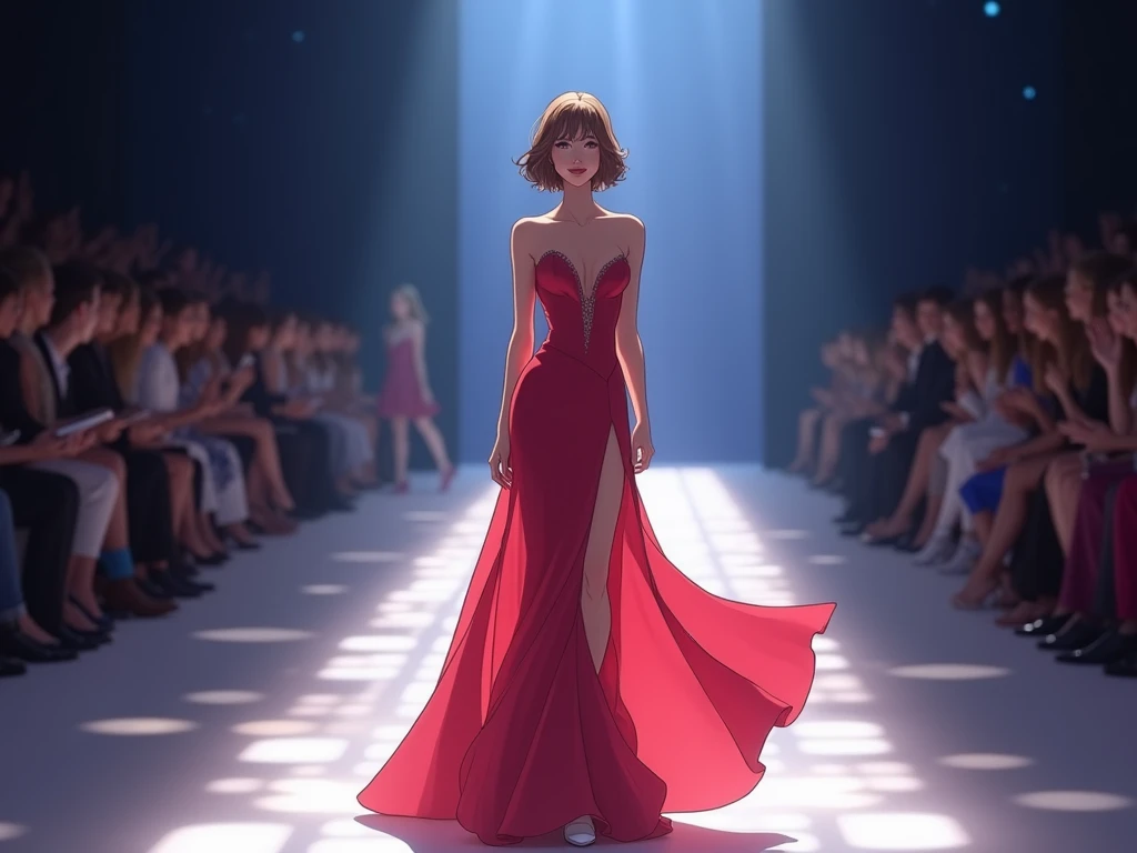 front view, medium shot, A woman of exuberant beauty and divine body modeling an elegant evening dress on a runway, anime style, 1girl, Alone, smiling,  thin, fashion dress, The atmosphere is a fashion show ,  perfect lighting , masterpiece,  high quality ...