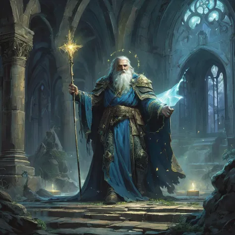 

A back view of an old dwarf of light stands solemnly in the midst of the ruined Chapel of Milory, surrounded by the remnants of a once-majestic cathedral. His silhouette is framed against the crumbling stone arches and shattered stained-glass windows, ca...