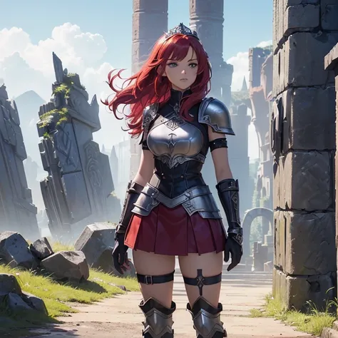 Masterpiece, HD, High Resolution, Best Quality, High Quality, High Details, Super Detailed. High fantasy genre, fantasy artwork. Solo character alone. “Warcraft styled aesthetic”.
{{(A 22-years-old scarlet-red-haired barbarian girl warrior:(appearance: fai...