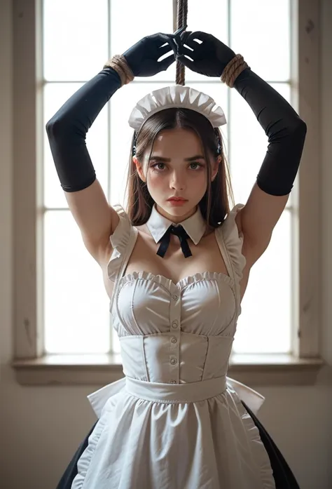 maid， white long gloves ，hands tied with rope，hands raised to the top of the head