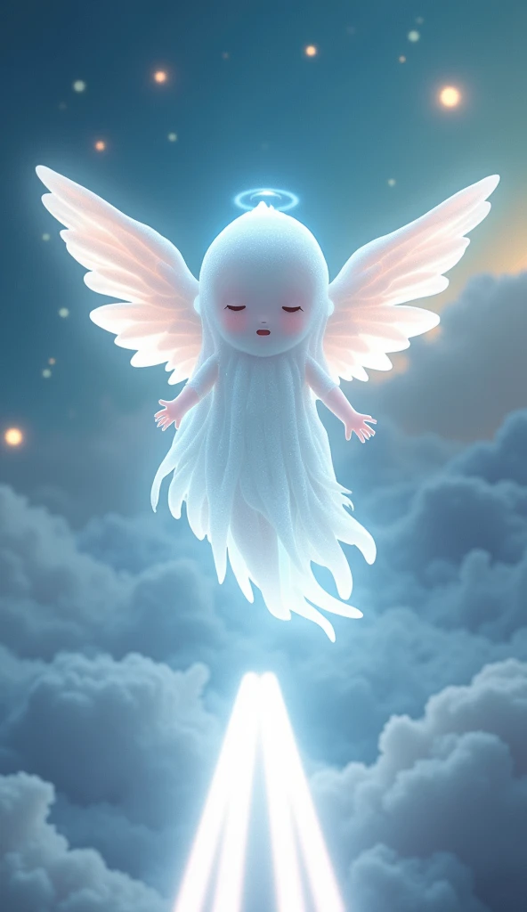 A glowing white slime with tiny angel wings and soft, peaceful eyes, floating gracefully down the heavenly runway.
