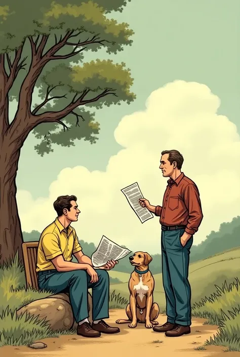  Creates an image seen from behind of two men talking , Where is a dog nearby and a tree .  One of the men is sitting on the floor looking at the sky with a newspaper in his hand. The environment of the image must be from the 1930s. A comic book image  