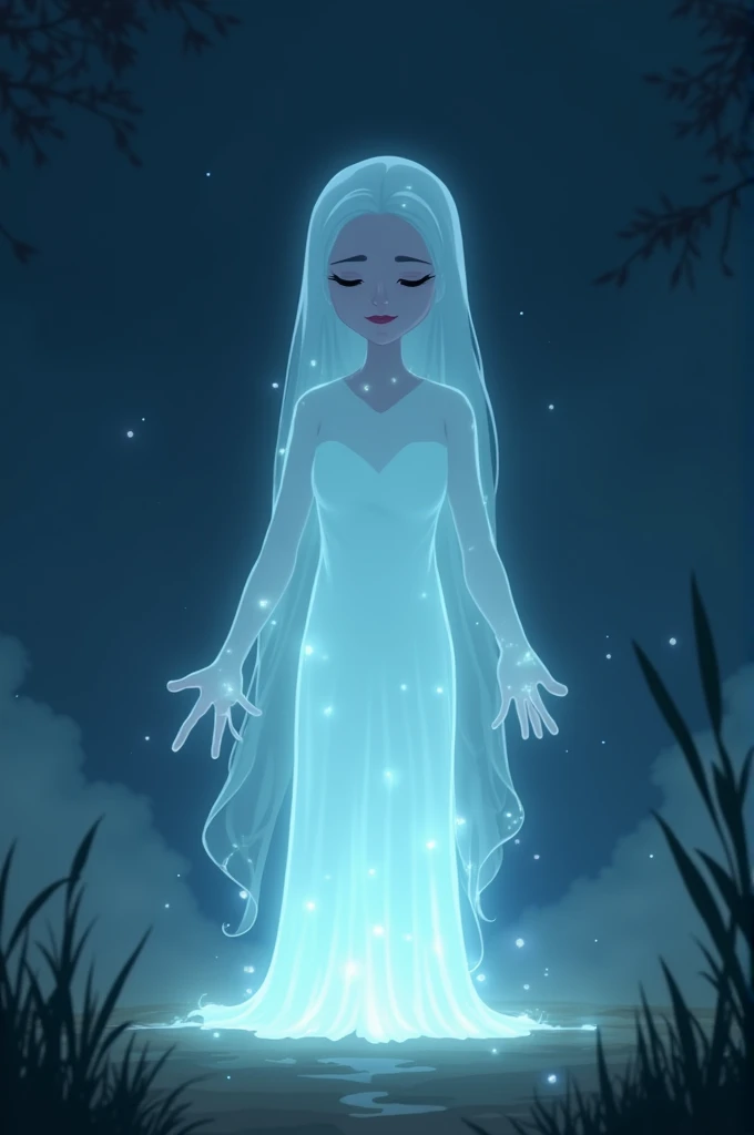 In a cinematic carrton style 
Transformation: A scene depicting the ghost transforming into a peaceful light as she finds her rest.