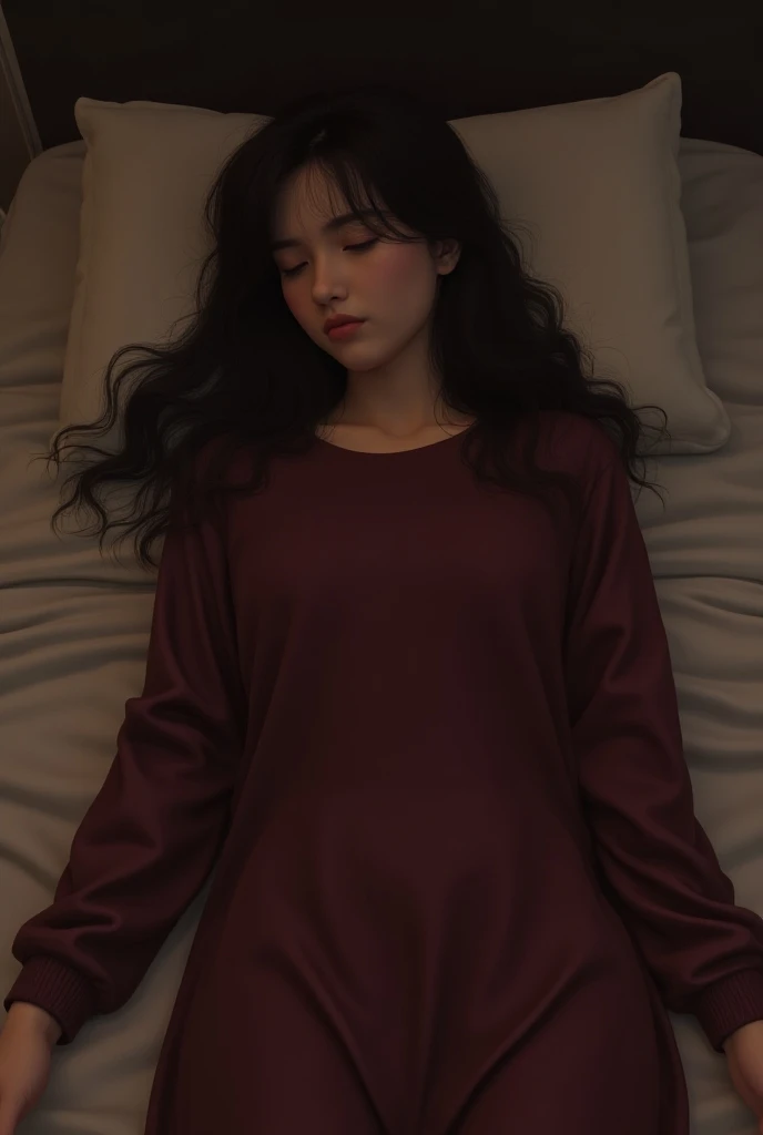 Women, lying down bed, T-Shirt Sleeping Gown long Sleeve, Round Neck, marron, rambut panjang, ikal, shy 