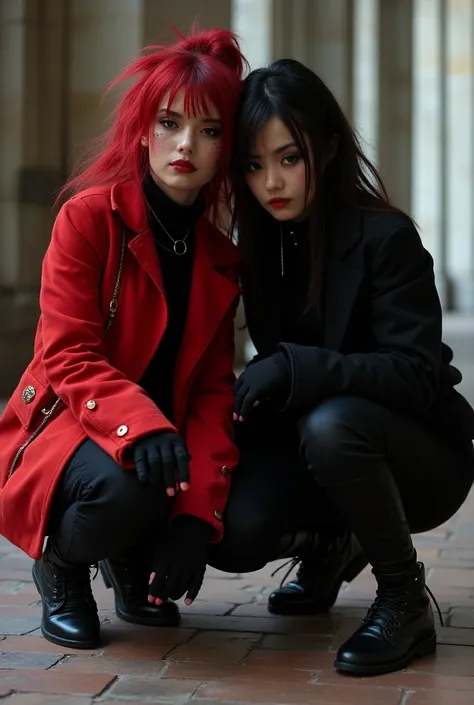 two women in black and red outfits crouch down on the floor, charli bowater and artgeem, dressed in crustpunk clothing, wearing cyberpunk streetwear, medium shot of two characters, publicity cosplay, dressed in punk clothing, photo from a promo shoot, dark...