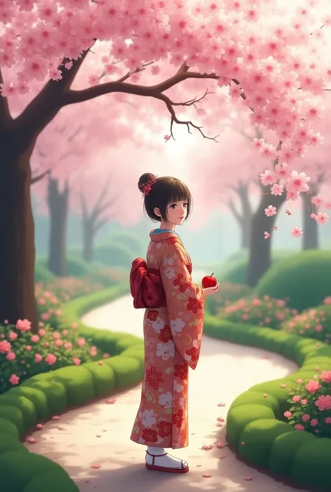  A charming Japanese girl in traditional Japanese clothes in a beautiful garden near a blossoming sakura tree holds a red apple in her hand. The girls gaze is directed at the top of the sakura tree 