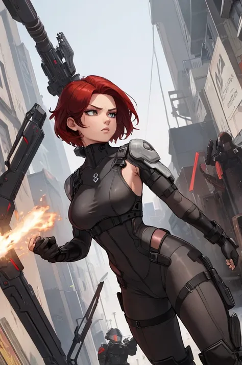 a woman with short red hair and a sleek, futuristic combat outfit, she wears a tight black tactical bodysuit with gray accents and protective armor, her look features utility straps on her thighs, fingerless gloves, and high, reinforced black boots that re...