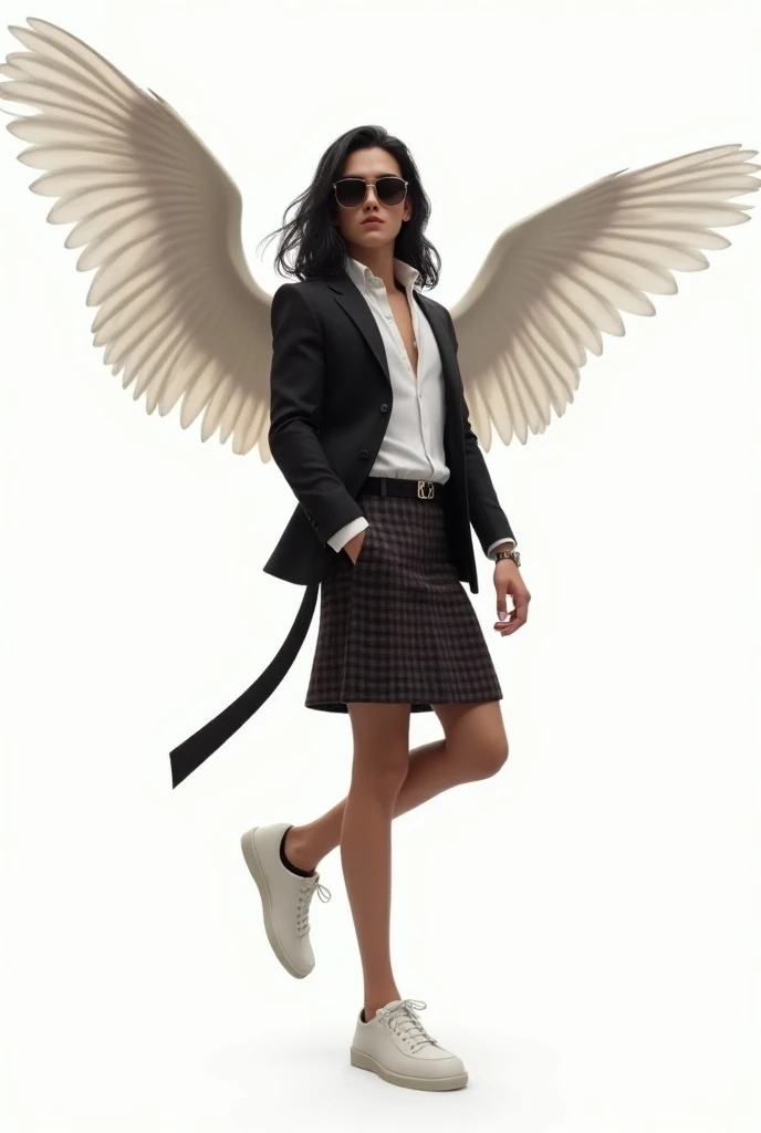 (photorealism:1.2) 4K 
(photorealism:1.2), handsome young man with a youthful face, long black hair, well-defined body and fairy wings wearing an elegant Gucci outfit wearing a plaid skirt on a white background wearing dark glasses in a dynamic pose he is ...