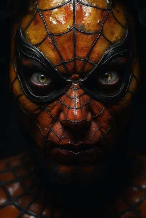 full length view. dark, creepy horror (spider-man) an evil but beautiful face, a glossy dark cherry yellow hellish look, a frigh...