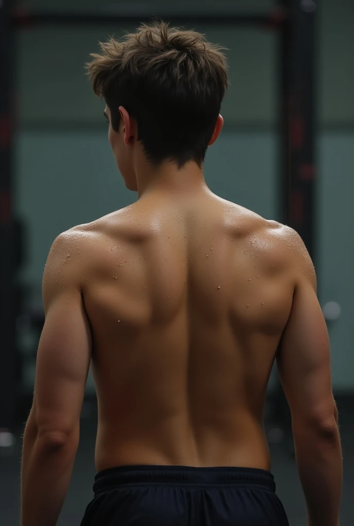  4K HD teenage boy in sportswear, showing his sweaty back , cuerpo completo 