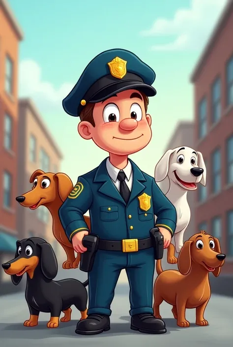 CARTOON of a policeman with 4 black dachshund dogs,  white dachshund painted dachshund and brown dachshund
