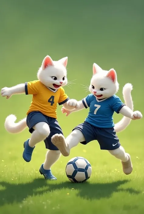 an anthropomorphic white cat in a soccer field, wearing a yellow soccer uniform with the number "4" on it. The cat has a muscular build,the cat is trying to get gole, an anthropomorphic white cat in a soccer field, wearing a blue soccer uniform with the nu...