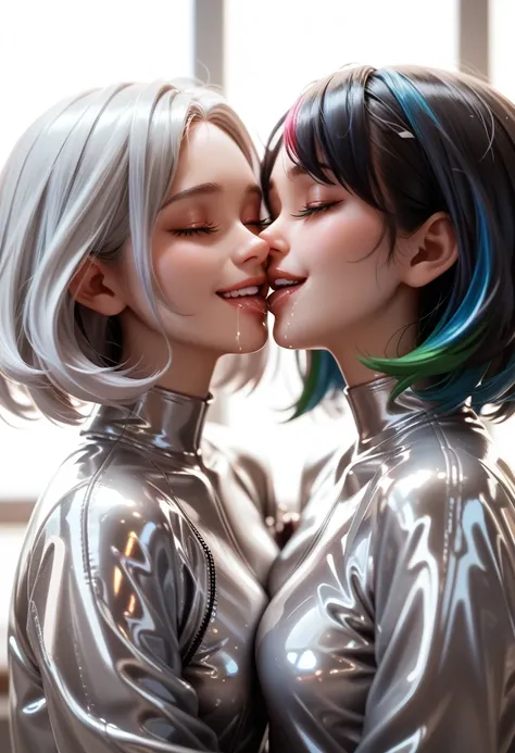 2 girls in extremely tight shiny silver latex jacket,medium hair, lens reflection, reflected light,  multicolor hair , long eyel...