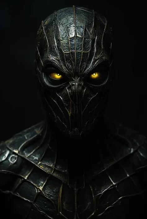 full length view. dark, creepy horror (spider-man) an evil but beautiful face, a glossy dark cherry yellow hellish look, a frigh...