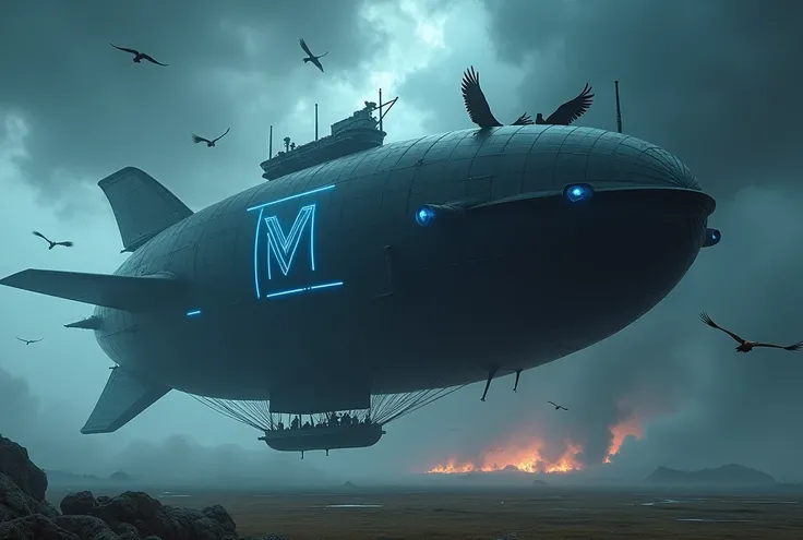  Black airship balloon with blue  , third person ,A storm background  ,  a hurricane in the background High resolution,  High quality, bottom view, Long fabric format,  motion graphic  , Lines of action, ray tracing, surrealism,  the initial M in front of ...