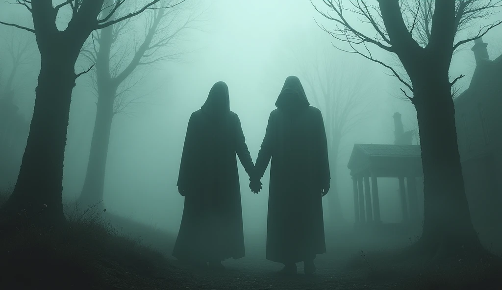 hard fog, dark ambient, gothic elements, holding hands