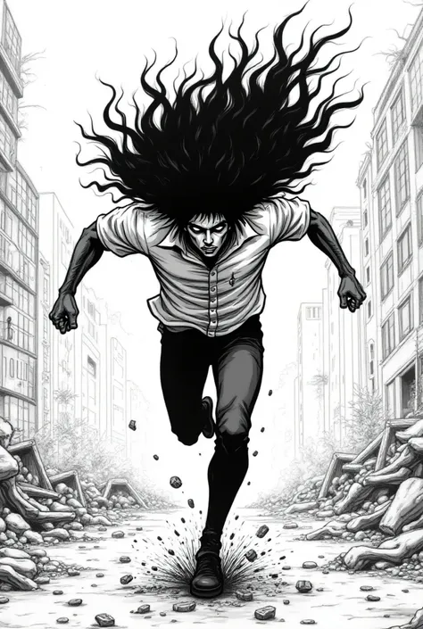 It creates a black and white manga image of a person with hair longer than their body running at an extremely fast speed and creates an environment or landscape where he is running in the city and where the city is destroyed, with broken buildings, wounded...