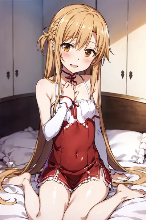 ((best quality)), ((masterpiece)), (be familiar with),  perfect face, indoor, bedroom,  watching viewers,
one woman, yuuki asuna...