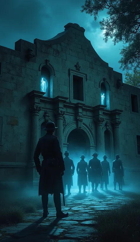 "Illustrate a dark, eerie version of the Alamo at night, with ghostly figures of fallen soldiers standing along the walls. The ghosts are semi-transparent, appearing in old military uniforms, their faces serious and haunting. Faint, mystical light surround...