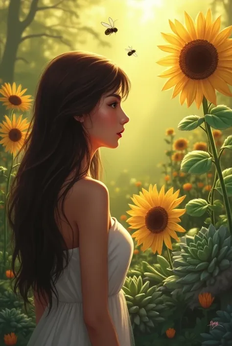 woman with long straight brown hair on her back admiring succulent garden with a sunflower and flying bees 
Digital art