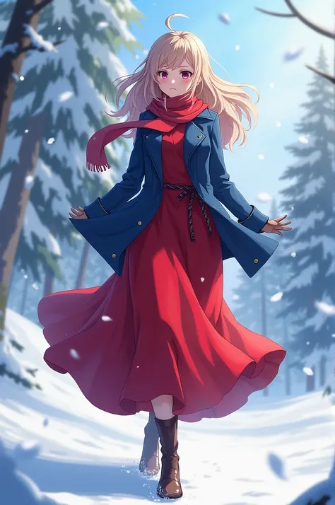 a woman in a red dress with a scarf around her neck,by Choi buk,wearing a blue jacket, symphogear, in the winter, female protagonist 