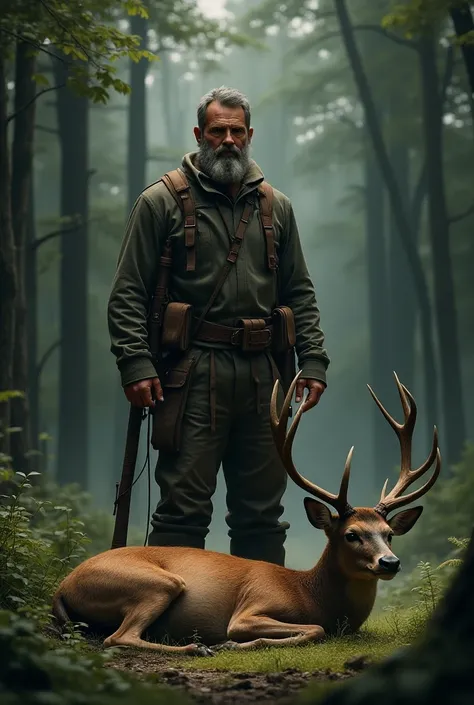 A hunter is a tall man standing in the forest and a deer is dead beneath him and the hunter is looking at the deer.

