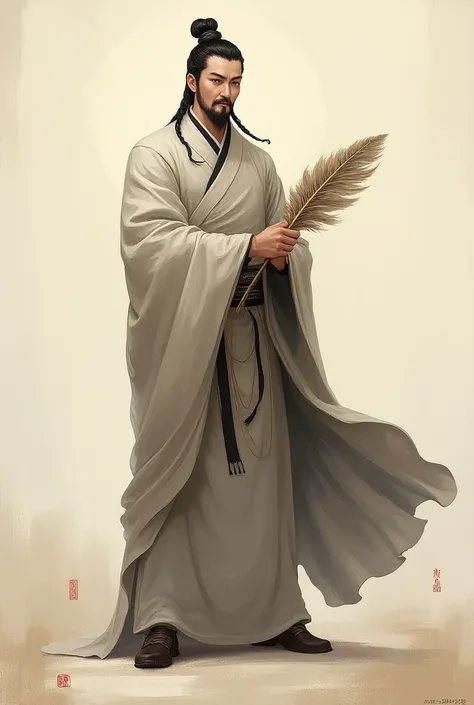  Front vertical painting background, blank Zhuge Liang, feather fan, male counselor, simple clothes, realistic painting style