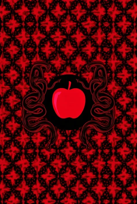 It generates an image of a pattern of snakes, apples, a pattern, places a pattern of two snakes and an apple in the middle that are silhouettes, colors, shades of red. 