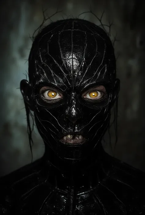 full length view. dark, creepy horror (spider-man) an evil but beautiful face, a glossy dark cherry yellow hellish look, a frigh...