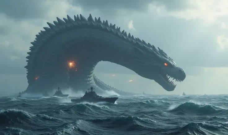 A colossal sea monster, similar to a huge serpent with a dragons head, fiery eyes, a mouth with many teeth, science fiction, artstation, emerges from the rough sea. It dominates the entire horizon, its long body like that of a serpent, with an apocalyptic ...