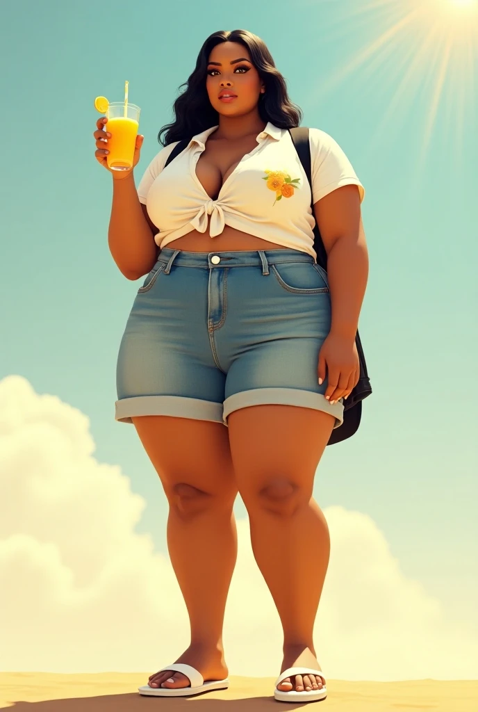  Lighting with warm tones , brownish-skinned female character, Indigenous appearance, modern clothes,  shorts short jeans and a white shirt with a modern print,  long black hair,  slightly fleshy lips and beautiful dark brown eyes , thick legs and thighs, ...