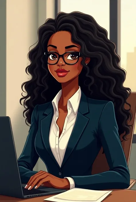 gorgeous cartoon dark skin lady wearing a suit with glasses sitting at a desk with long dreadlocs