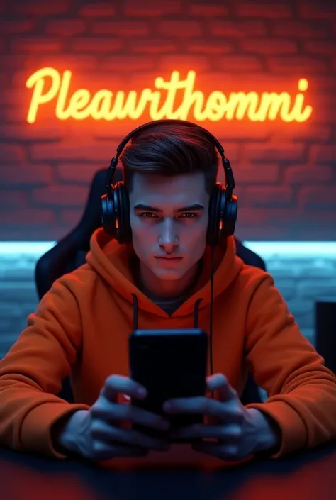 Create 3D realistic imange for a handsome boy sitting in gaming room on a gaming chair and playing on games application on his mobile YouTube banner for a professional gaming channel  the boy must wear dark orange hoodie headphones and his name "PleaWithOm...