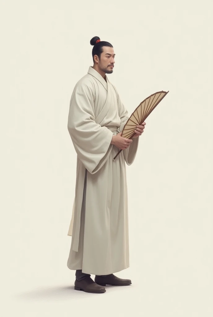 Slightly sideways like Zhuge Liang fan with blank background, male counselor, plain clothes 