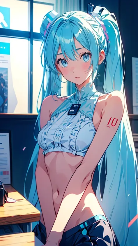 ( hatsune miku:1.3)、a woman with sleek, straight hair, dressed in a business suit, in a modern office setting, (model-like physi...