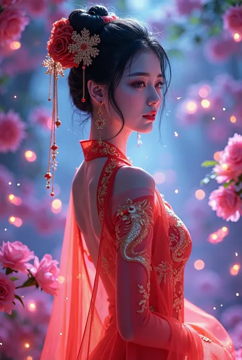   beautiful milky glass body 、 cute beautiful Japanese womans design  、  colorful light from the atmosphere gathers on women、 converges into the shape of the costume 、 wearing Chinese national costume 、Beautiful golden dragon embroidery 、Purple Rose Backgr...