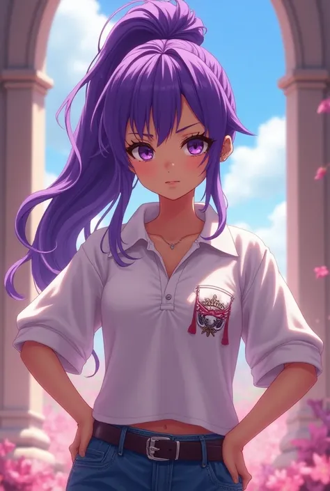 Anime Princess with a ponytail and purple hair wearing a Massive popped collar polos with being a douchebag