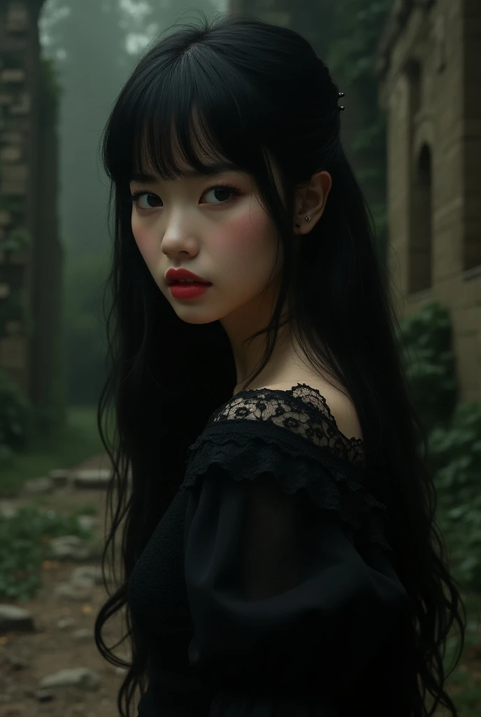  a 19-year-old girl , Black eyes blush ,  perfect lighting,  with long black hair with bangs ,  Her skin is fair environment is calm , Korean goth girl ,  red lips ,  with an old black dress lace details, Abandoned castle background 