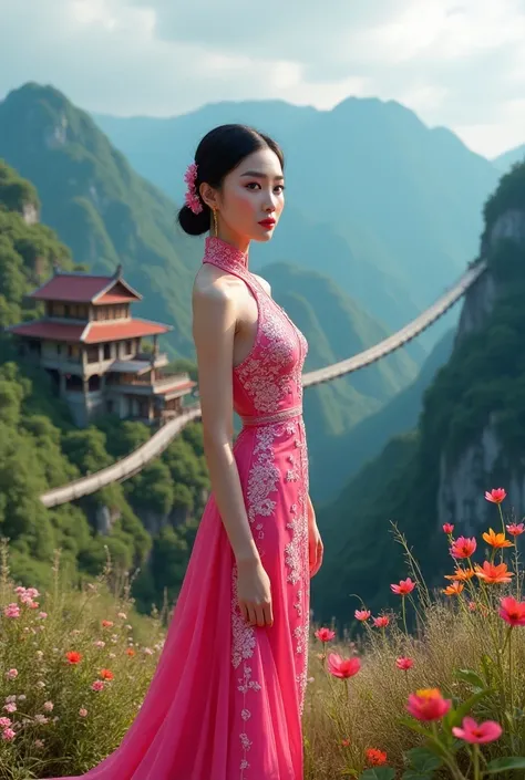 Beautiful Thai woman wearing a bright pink Lanna Thai dress with a white pikul flower pattern, fantasy embossed pattern, shiny colors, sharp face, hairpin accessories, looking at the camera, standing on the edge of the mountain, with a Thai-style house, mo...