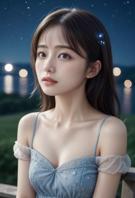 a girl sitting on a bench looking up at a starry night sky, beautiful detailed eyes, beautiful detailed lips, extremely detailed face, long eyelashes, elegant dress, moonlight, glowing fireflies, birds flying in the distance, (best quality, 8k, highres, ma...