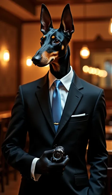  Imagine a hybrid of a human dog ,  a tall and slender Doberman ,  acting as a security guard in Argentina .  He wears an elegant black suit , with light blue tie,  representing Argentinian class and elegance .  His dog head has an attentive and refined ey...