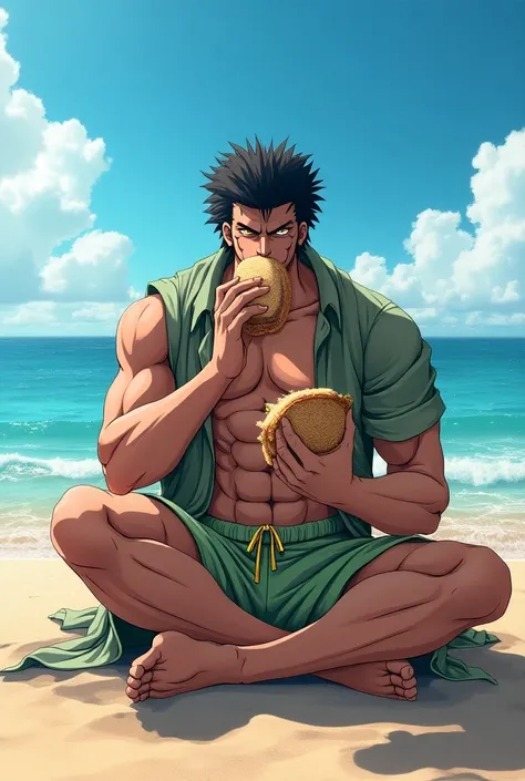 star platinium from jojo bizarre adventure is looking the spectator when eating a sandwich at the beach, he is wearing beach clothes